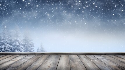 Naklejka na ściany i meble Winter Table - Snowy Plank With Snowfall In The Cold Sky, generative ai