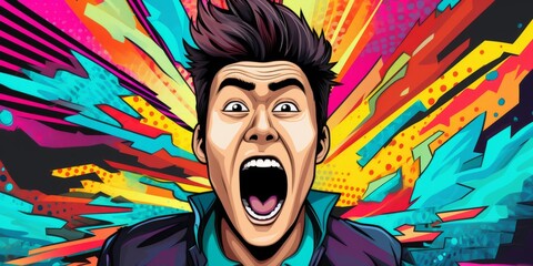 Vibrant Asian Man in Comic Style Shouts, Generative AI - obrazy, fototapety, plakaty