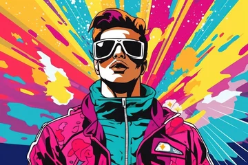 Poster Pop Art Man Comic Illustration, Portrait of Male Retro 90s Style, Human Street Art Graffiti Pattern, Colorful Abstract Background. © CYBERUSS