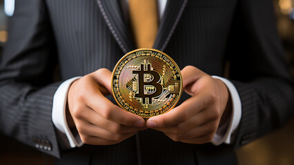 A businessman holding bitcoin, successful businessman investor.