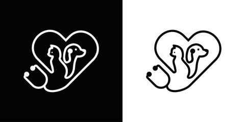 dog and cat stethoscope logo design. vector design illustration of dog and cat element symbols with love. pet care white linear style. logo for pets