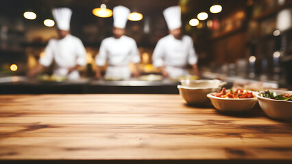 Wooden table with chef cooking in the background. - obrazy, fototapety, plakaty