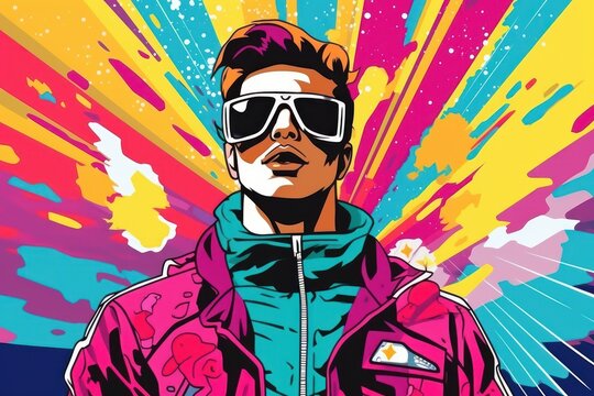 Pop Art Man Comic Illustration, Portrait of Male Retro 90s Style, Human Street Art Graffiti Pattern, Colorful Abstract Background.
