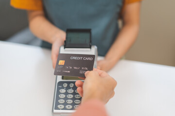 Pay, cashless technology concept, customer using credit card to buy at counter cashier, holding wireless bank machine for payment, paying money to transfer cashless at retail shop, department store.