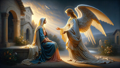 The Annunciation: A Divine Encounter between the Blessed Virgin Mary and the Archangel Angel Gabriel. - obrazy, fototapety, plakaty