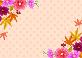 秋の装飾フレーム　背景素材　紅葉とコスモスと赤い実