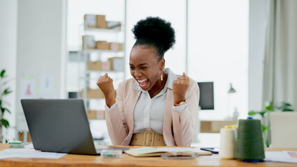 Happy black woman, laptop and fist pump in winning celebration, promotion or bonus at office. Excited African female person smile on computer for good news, achievement or sale discount at workplace