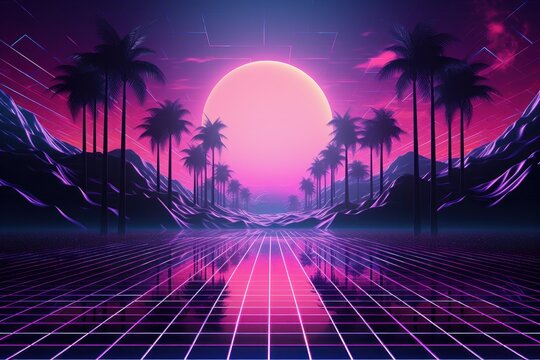 Retro Wave Music Festival Background, Retro futuristic 90s Style.