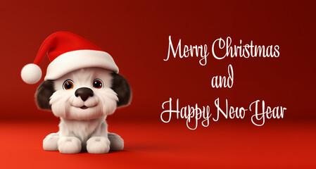 Fototapeta na wymiar a cute puppy on a red background, merry Christmas, and happy new year