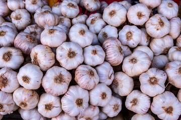 Full frame abstract background with heap of whole garlic heads with dry peel