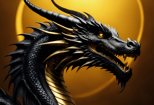 Black dragon close up on golden background