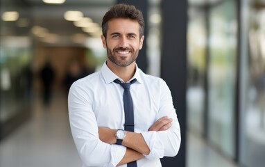 Fototapeta premium Businessman is standing with his arms crossed, wearing a crisp white shirt