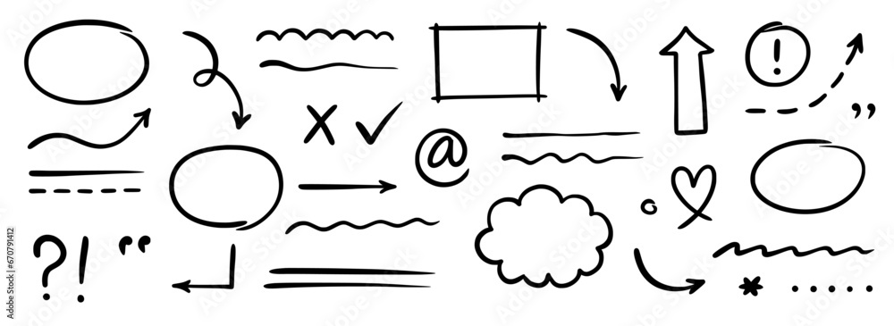 Poster hand drawn line arrow, sketch underline, round frame element set. scribble sketch pencil stroke circ
