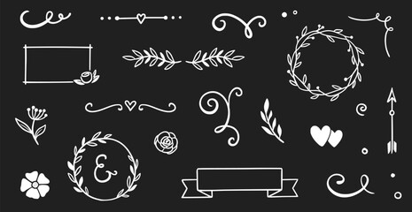 Flower frame, vintage ribbon element on chalkboard. Hand drawn doodle cute floral border, arrow, banner ribbon set. Wedding swirl element, floral frame, flower decorative element. Vector illustration