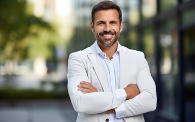 Businessman is standing with his arms crossed, wearing a crisp white shirt
