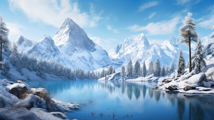 Fototapeta na wymiar landscape winter lake in the mountains and forest