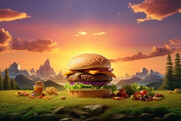 Hamburger Image for Menu and Restaurant Advertising, Delicious Beef Burgers, Cheese and Vegetables.