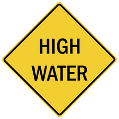 Flood danger sign and labels high water