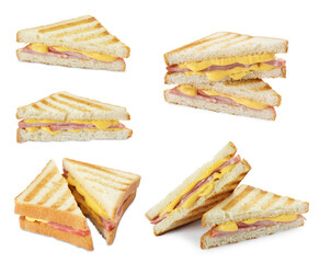 Tasty grilled sandwiches with ham and melted cheese isolated on white, collection