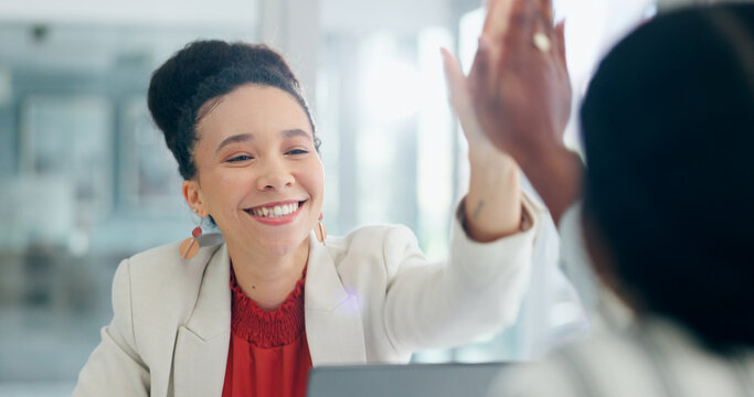Business women, high five and happy in office with agreement, congratulations and work partnership. Employees, celebration and smile with respect, thank you and team building for goal in workplace