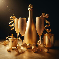 Full golden setup of champagne glasses and champagne bottle with golden ribbons