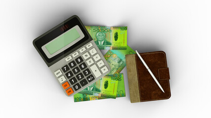 3D rendering of an isolated composition of samoan tala notes, a calculator, a note book and a pen
