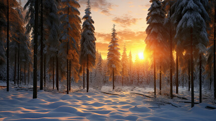 landscape sunrise in a snowy forest. 