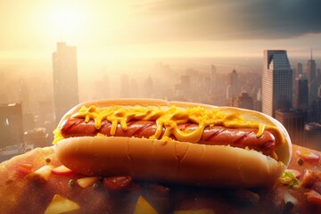 Hot Dogs Image for Menu and Restaurant Advertising, Delicious Hot Dogs Sandwich with Sausage and Mustard - obrazy, fototapety, plakaty