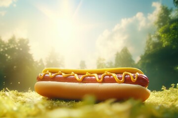 Hot Dogs on Green Nature for Menu and Restaurant Advertising, Delicious Hot Dogs Sandwich with Sausage and Mustard - obrazy, fototapety, plakaty