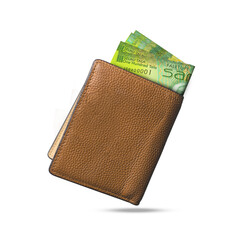 3D rendering of Samoan Tala notes in a brown leather men’s wallet. Samoan Tala in wallet
