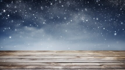 Winter Table - Snowy Plank With Snowfall In The Cold Sky, generative ai