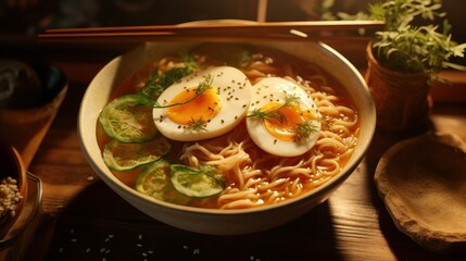 Top View of Ramen Japanese Noodle Soup Image for Menu Advertising, Restaurants Promotional Flyer and Poster Concept, Delicious Ramen in a Bowl with Eggs.
