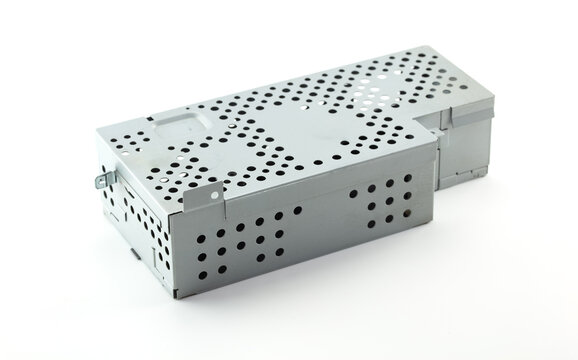 Metal casing for preventing electromagnetic waves or RF emittance, induction or leakage. Used for digital equipment analog components. isolated on neutral white.
