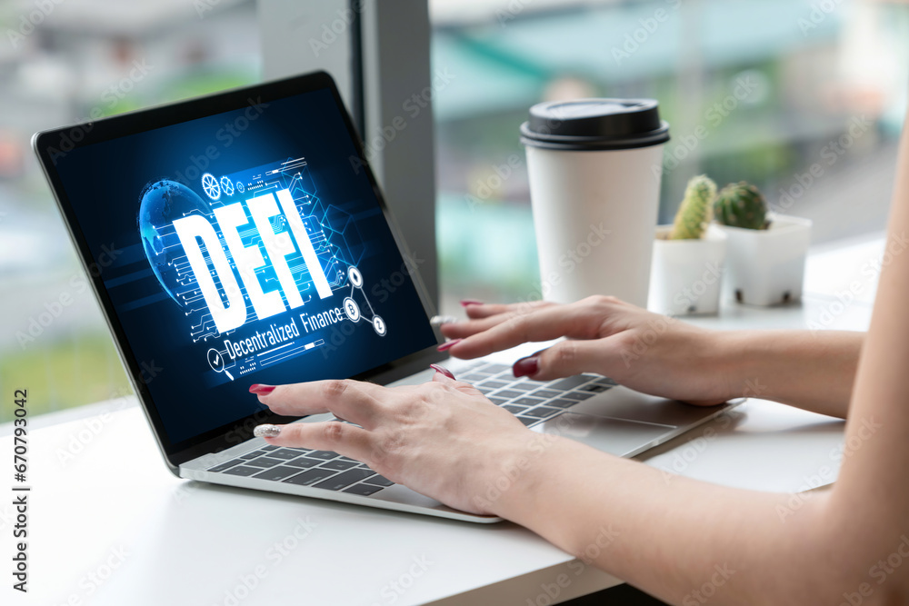 Poster decentralized finance or defi concept on modish computer screen . the defi system give new choice of