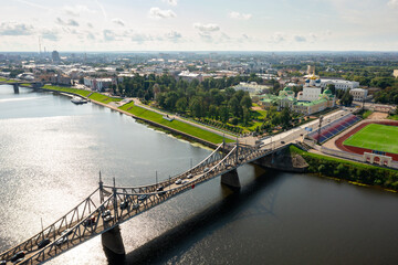 Fototapeta premium Bird's eye view of Tver, Russia. Savior Transfiguration Cathedral and Tver Regional Picture Gallery seen from above.