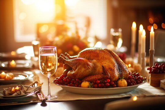 Stock photo of a Thanksgiving turkey on a dinner table