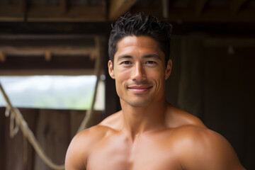 A charismatic Hawaiian man with a chiseled physique and a mischievous glint in his eyes - obrazy, fototapety, plakaty