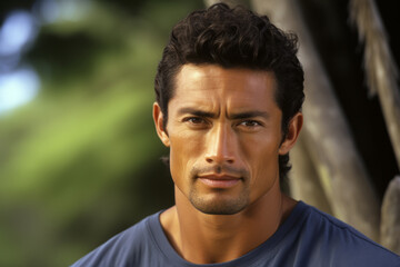 A charismatic Hawaiian man with a chiseled physique and a mischievous glint in his eyes