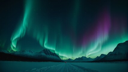 Naklejka premium Northern Lights over snowy mountains 