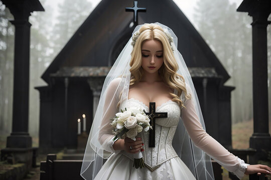 blonde woman with a wedding dress, white corset, black painted hands, long veil, with crucifix in her hand in front of ancient chapel, in the forest on a cloudy day