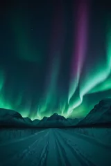 Poster Northern Lights over snowy mountains  © FadedNeon