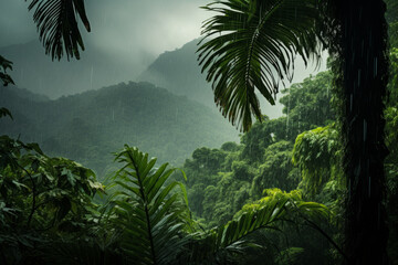 A storm brewing over a tropical rainforest, with the trees swaying in the wind - obrazy, fototapety, plakaty