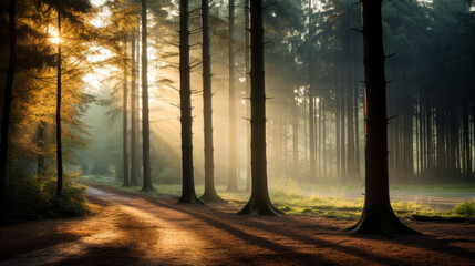 Forest at dusk, with the trees bathed in golden light and the mist rising from the ground