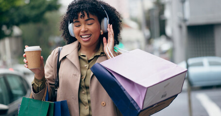 Headphones, shopping bag or happy woman in city for boutique retail sale, or clothes discount deal....