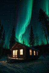 Northern lights over a cabin in a snowy forest