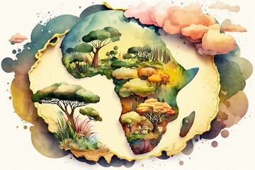 continent africa in watercolor illustration, concept of nature diversity - obrazy, fototapety, plakaty