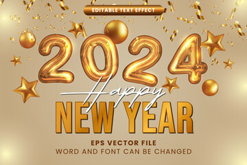 2024 happy new year 3d realistic golden balloon editable vector text effect