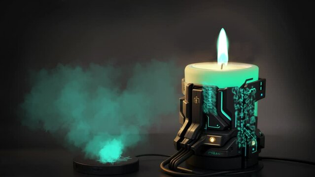 futuristic sci fi candle with neon flame