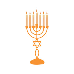 Hanukkiah with glowing candles on white background