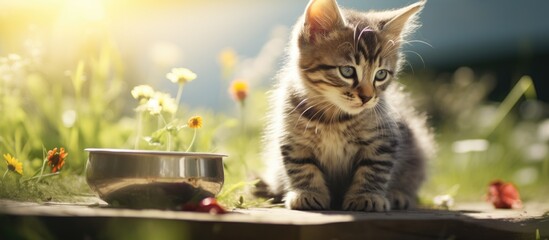 A sunny day with a tabby kitten eating from a bowl and a soft toy nearby